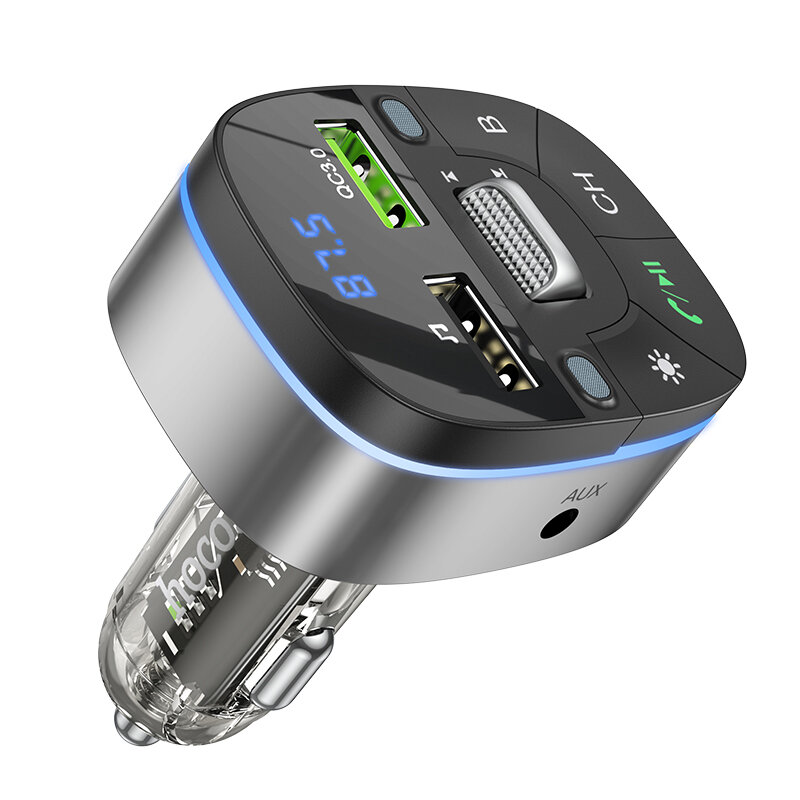 浩酷 E71 蓝牙 V5.0 FM 发射器（18W QC3.0 USB 车载充电器），配备 RGB 背光 LED 数字显示屏，支持无线收音机适配、音乐播放车载套件及免提通话功能