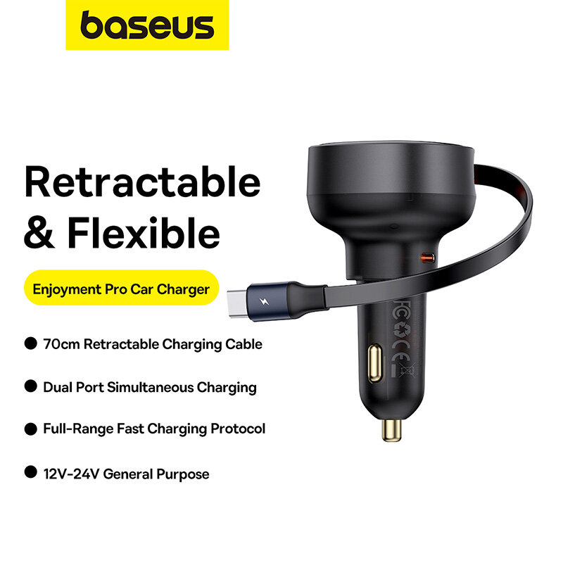 倍思悦享 Pro 60W 单口 USB 车载充电器（内置可伸缩 Type-C 线），支持 QC3.0/2.0、PD3.0/2.0、SCP、FCP、PPS 快充协议，适用于 iPhone 13/14/15/15 Pro、三星 Galaxy S23、小米 13 Pro 等机型