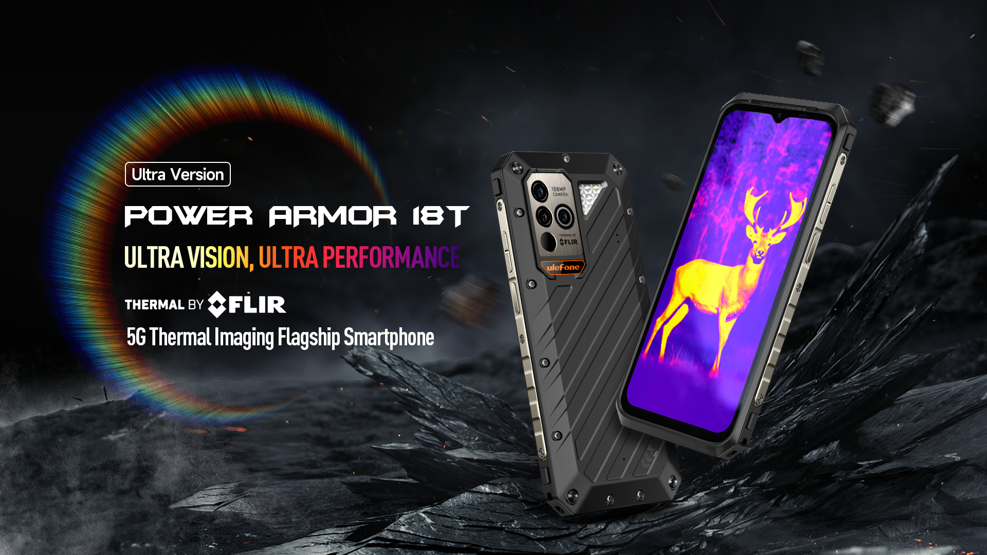 Ulefone Power Armor 18T Ultra 5G 三防智能手机 热成像相机 | 天玑7050 | 24GB+512GB 1.08亿像素主摄 | NFC | 6.58英寸120Hz高刷屏 9600mAh超大电池 | 66W快充+无线充电 IP68/IP69K防水防尘 | 军工级防摔设计