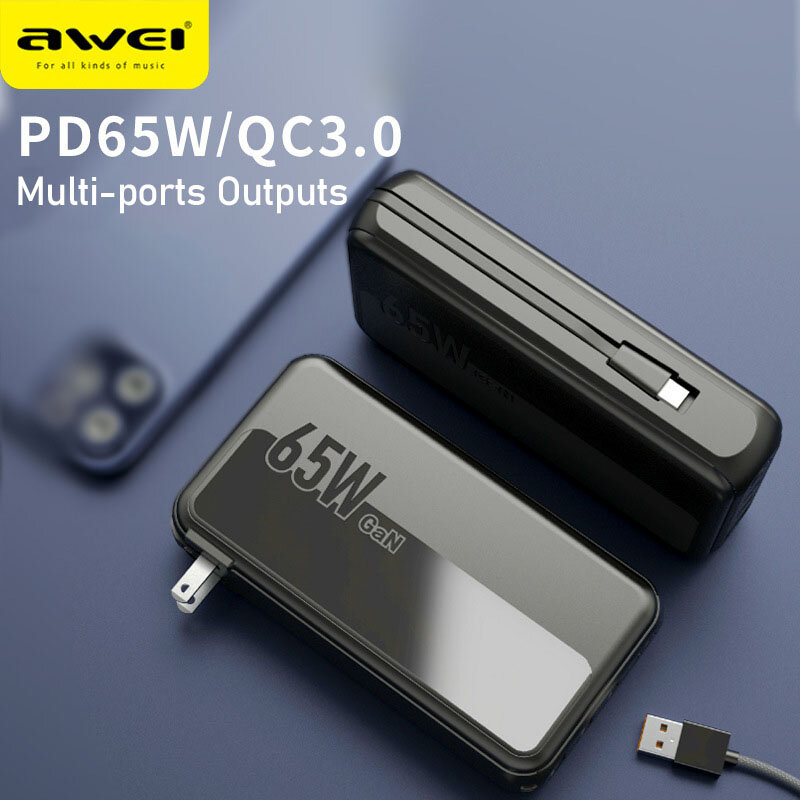 采用氮化镓技术的倍思 PD65 移动电源，65W 功率，48.96 瓦时，13800 毫安时，配备 1 个输入接口和 2 个输出接口，支持为 iPhone 15、14、13 系列，华为 Mate 60 Pro，三星 Galaxy Z Flip4 以及小米等手机快速充电