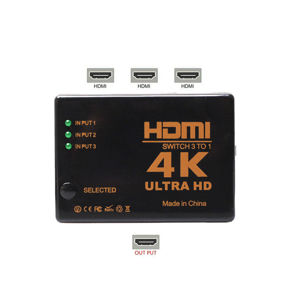 4K/2K 三进一出HDMI分线器 高清1080P视频切换器 适用Xbox/DVD/HDTV/电脑/笔记本/电视支持货到付款