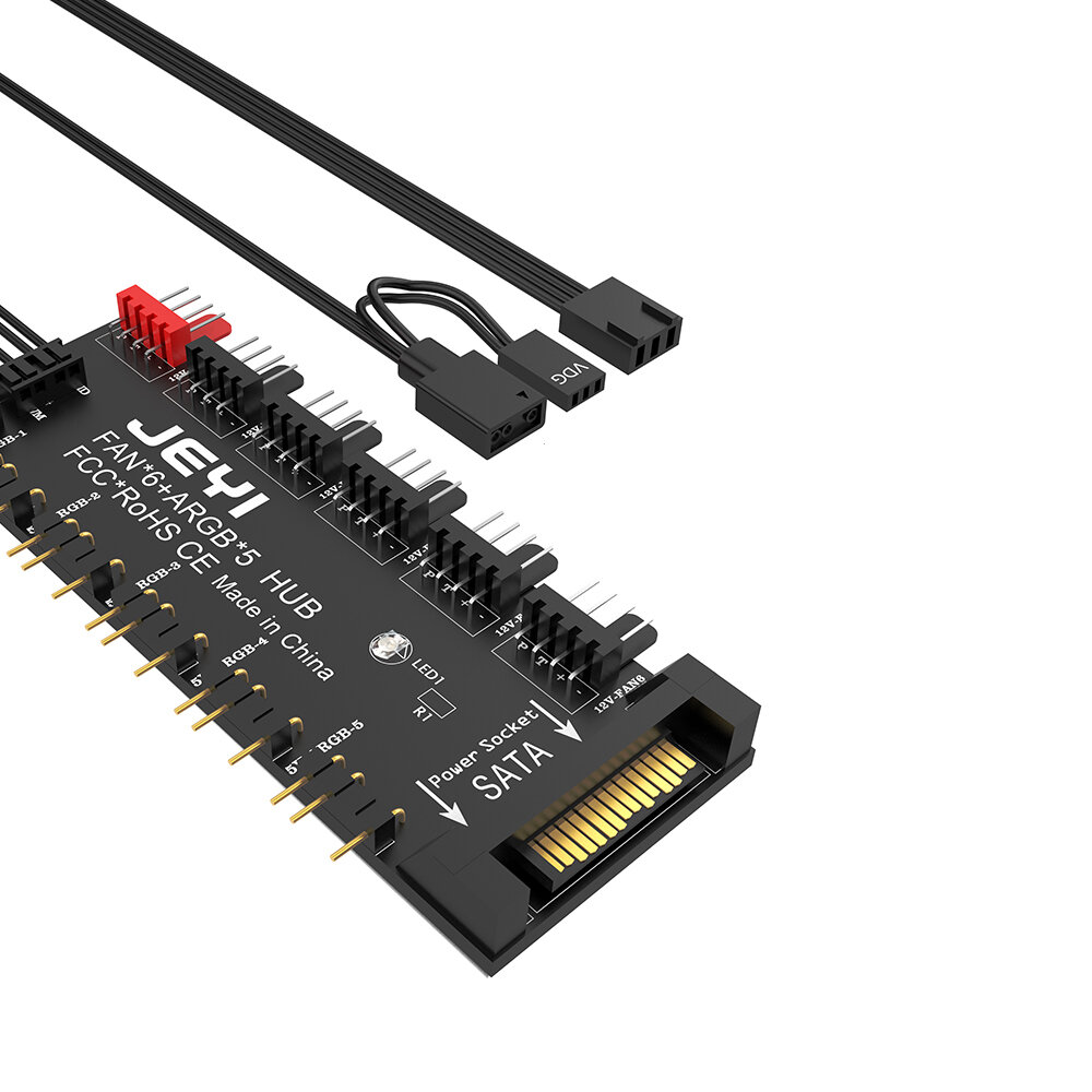 JEYI ARGB PWM风扇集线器 5路分线器 12V 4针PWM+5V 3针ARGB二合一 RGB风扇/灯带分控器