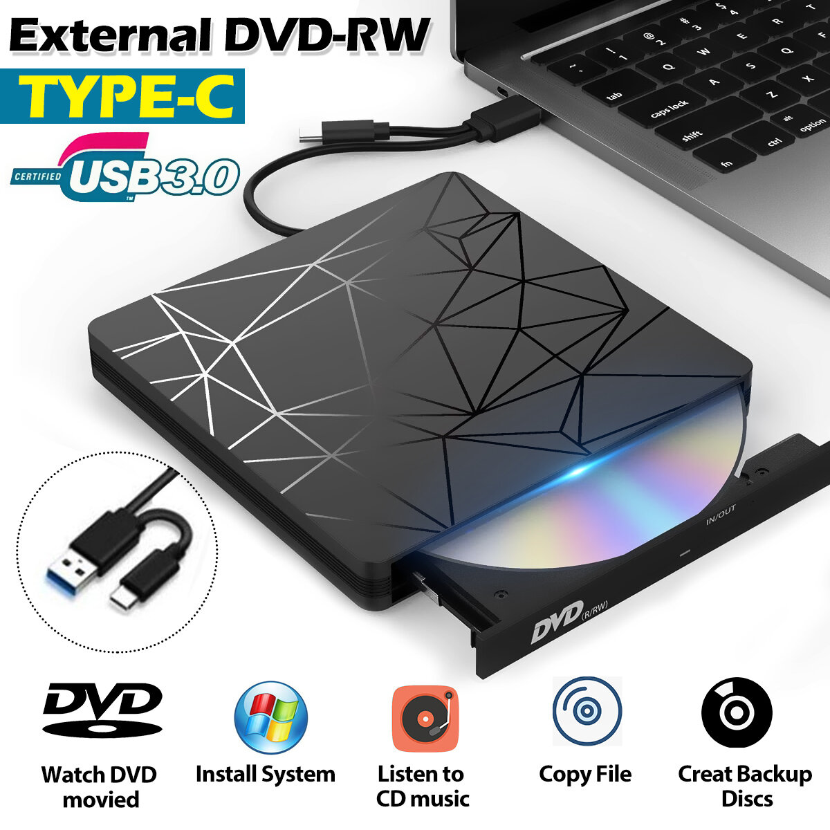 Mechzone 便携式USB3.0/Type-C光驱 黑色托盘式外置DVD-RW刻录机 最高24X速 高速数据传输 兼容Win XP/7/8/10及Mac系统